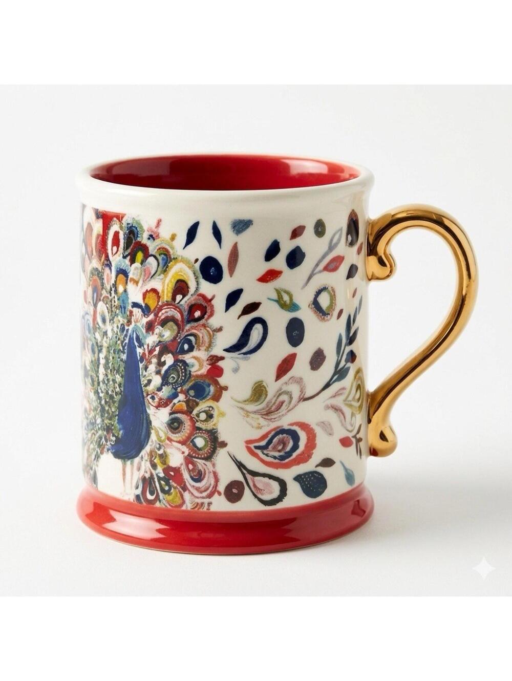 Anthropologie Starla Halfmann Peacock Mug Gold Handle Floral Bird Red Interior